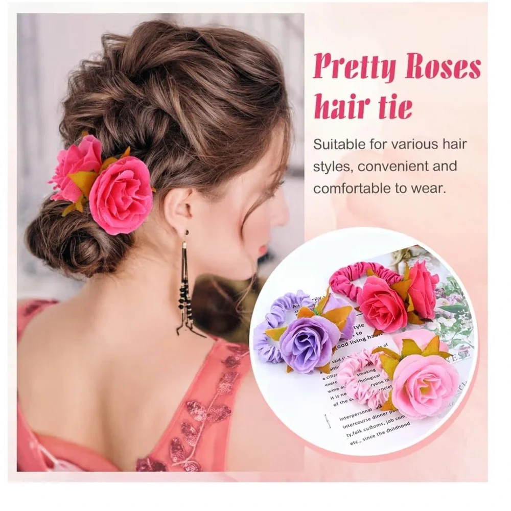 🆕 8 Pack Colorful Rose Flower Floral Hair Bands Elastics Bands Scrunchies